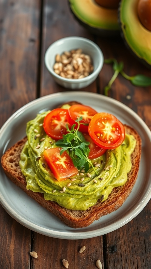 Avocado toast with mashed avocado, tomatoes, and seeds on whole grain bread, served on a rustic table.